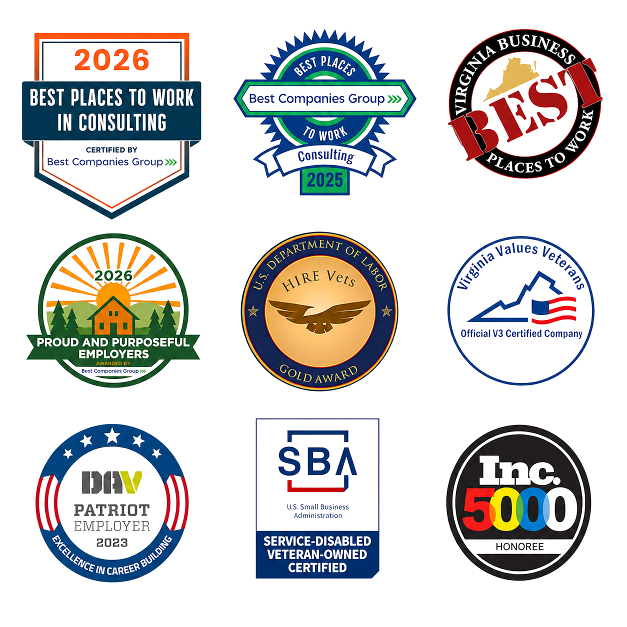 ISI Professional Services workplace awards, including Best Places to Work in Virginia, Inc. 5000, and HIRE Vets.